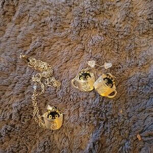 Cute Black Cat in Teacup Necklace & Earring Set - Silver Tone
